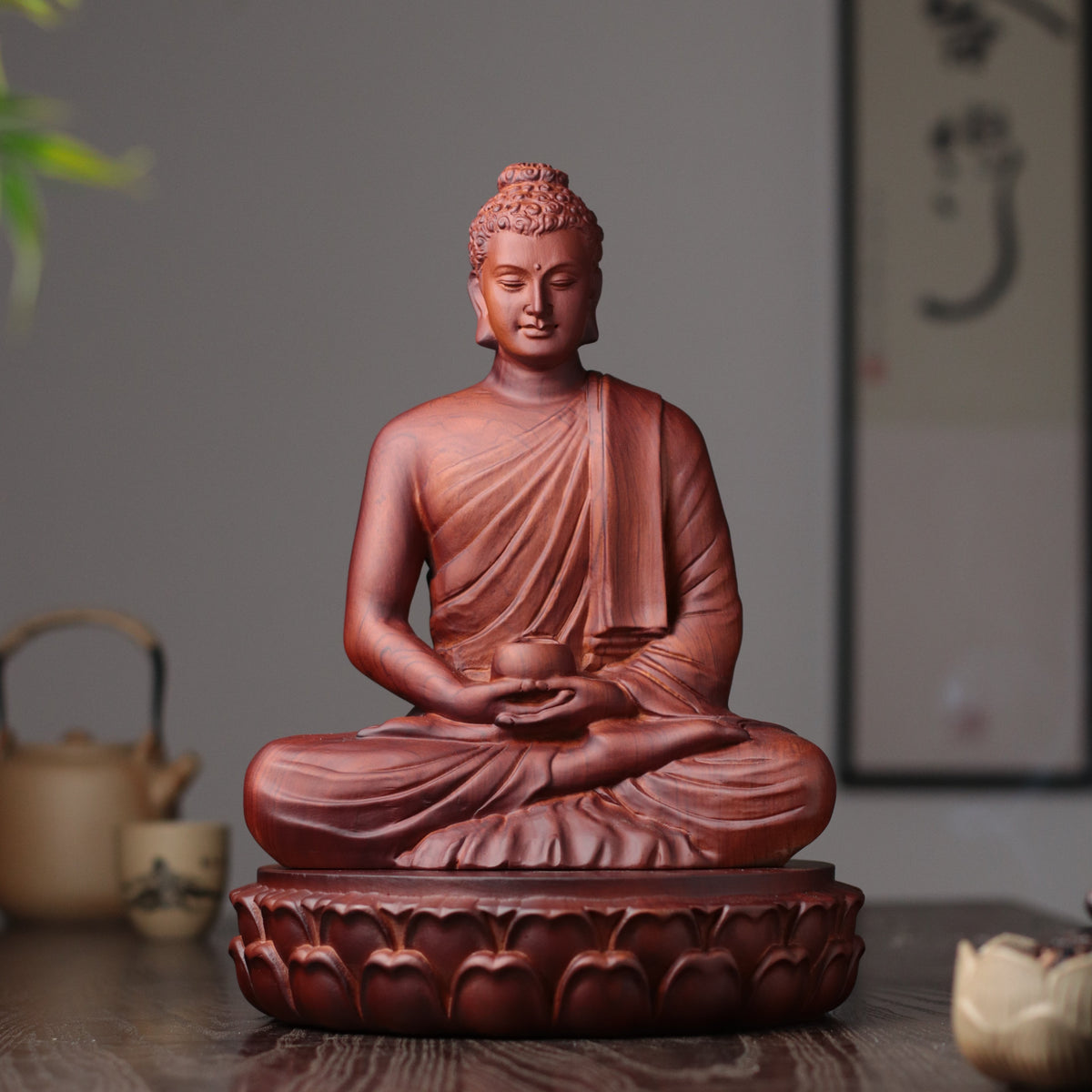 Wooden Buddha Statue — Hand-Carved Padauk Shakyamuni, Meaningful Gift, Buddhist Home Decor