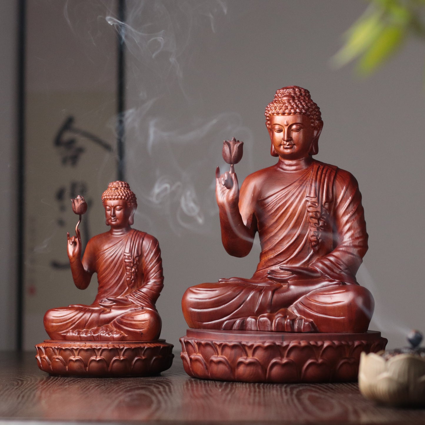 Wooden Shakyamuni Buddha Holding Lotus Statue — Solid Padauk Sanctuary