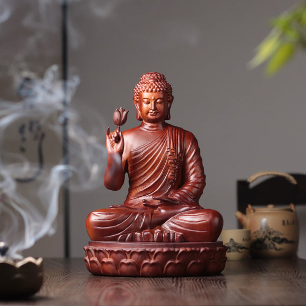 Wooden Shakyamuni Buddha Holding Lotus Statue — Solid Padauk Sanctuary