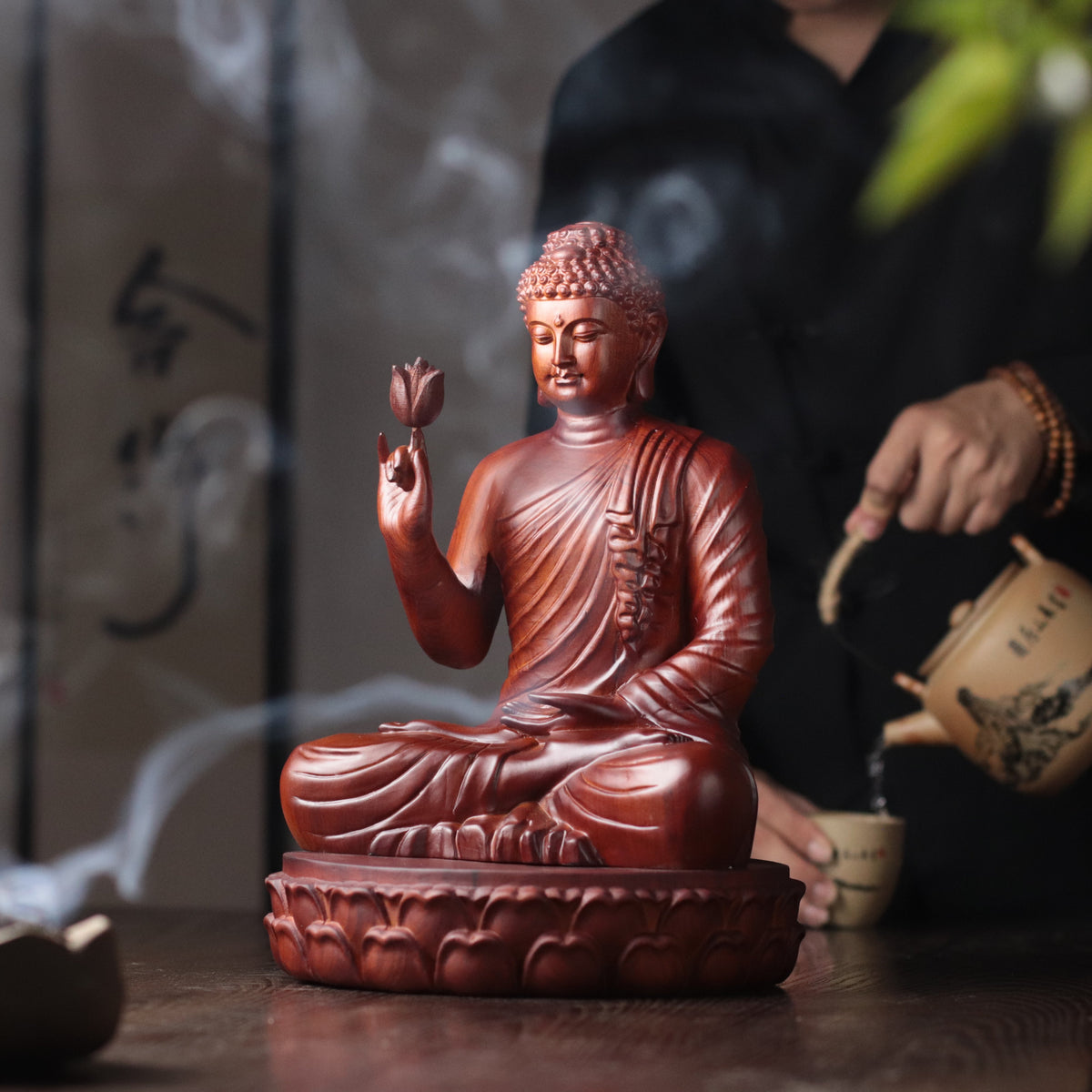 Wooden Shakyamuni Buddha Holding Lotus Statue — Solid Padauk Sanctuary