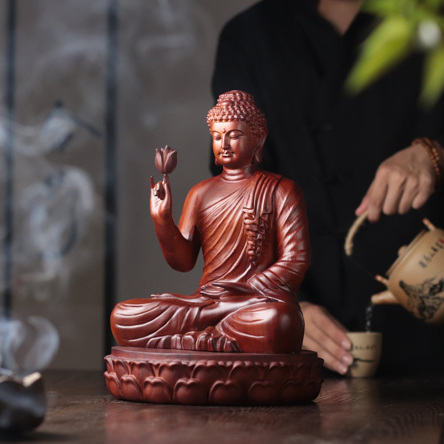 Wooden Shakyamuni Buddha Holding Lotus Statue — Solid Padauk Sanctuary