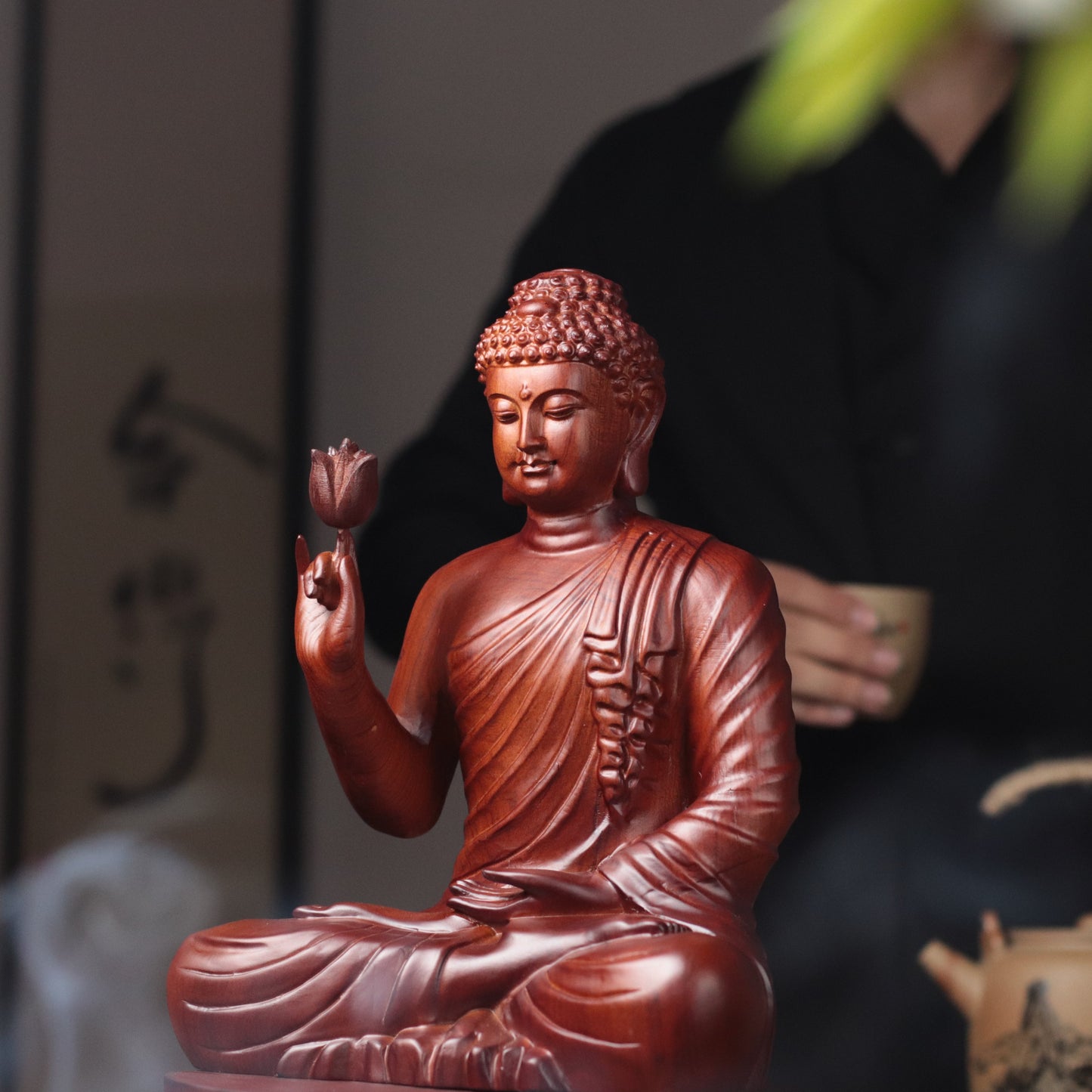 Wooden Shakyamuni Buddha Holding Lotus Statue — Solid Padauk Sanctuary