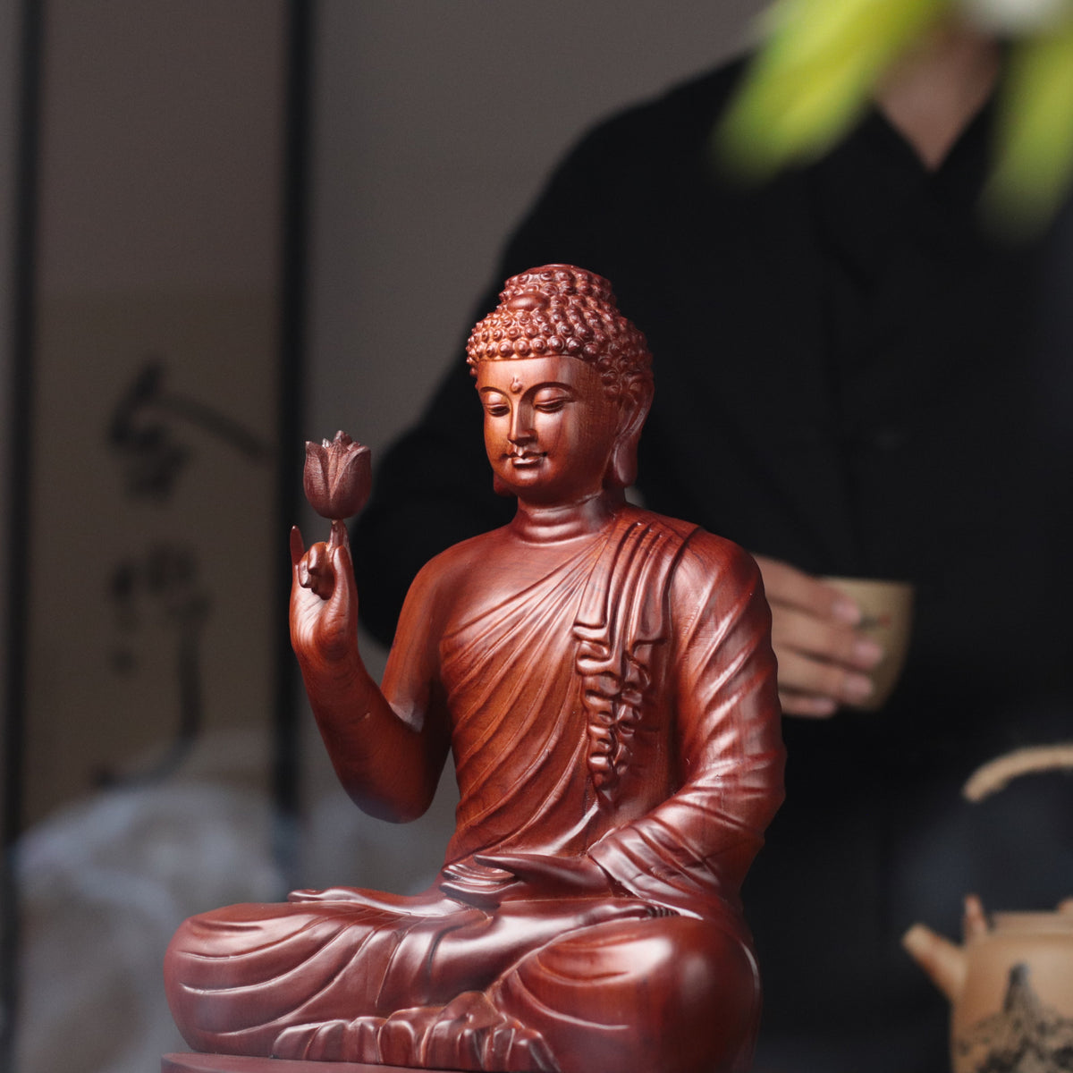 Wooden Shakyamuni Buddha Holding Lotus Statue — Solid Padauk Sanctuary
