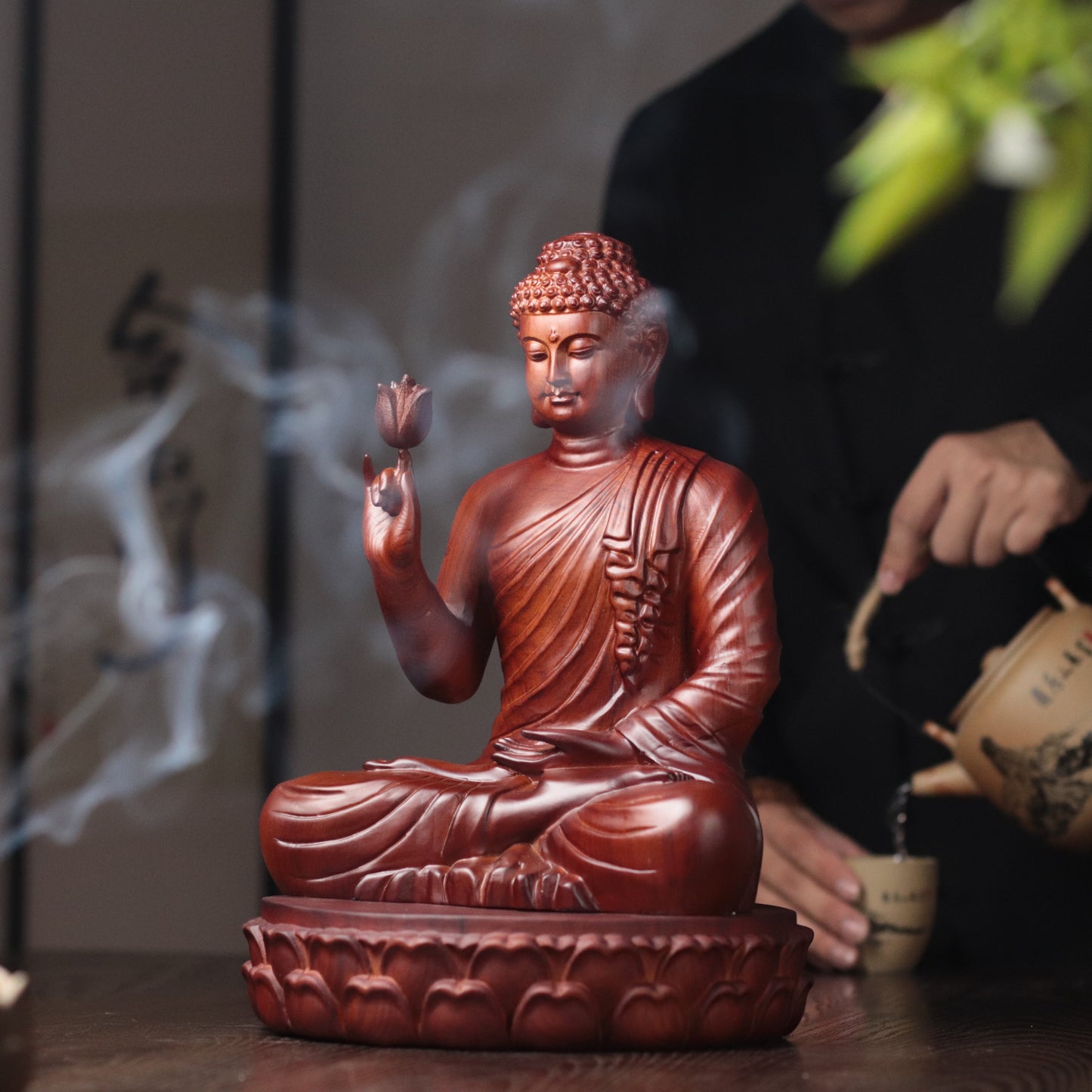 Wooden Shakyamuni Buddha Holding Lotus Statue — Solid Padauk Sanctuary