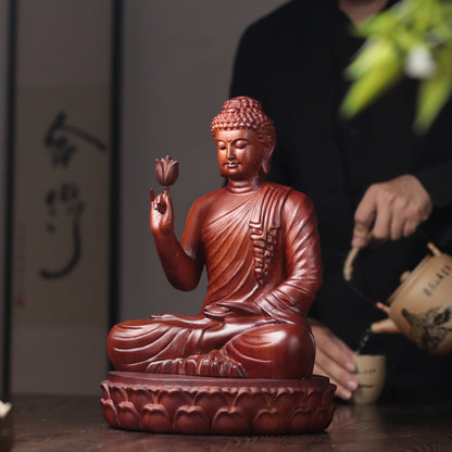 Wooden Shakyamuni Buddha Holding Lotus Statue — Solid Padauk Sanctuary