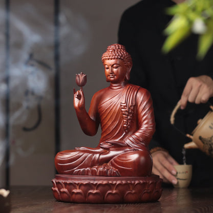 Wooden Shakyamuni Buddha Holding Lotus Statue — Solid Padauk Sanctuary