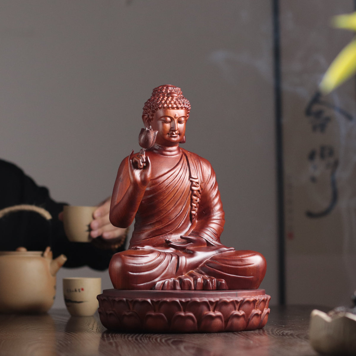 Wooden Shakyamuni Buddha Holding Lotus Statue — Solid Padauk Sanctuary