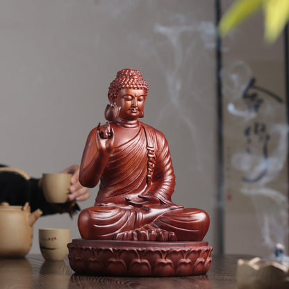 Wooden Shakyamuni Buddha Holding Lotus Statue — Solid Padauk Sanctuary