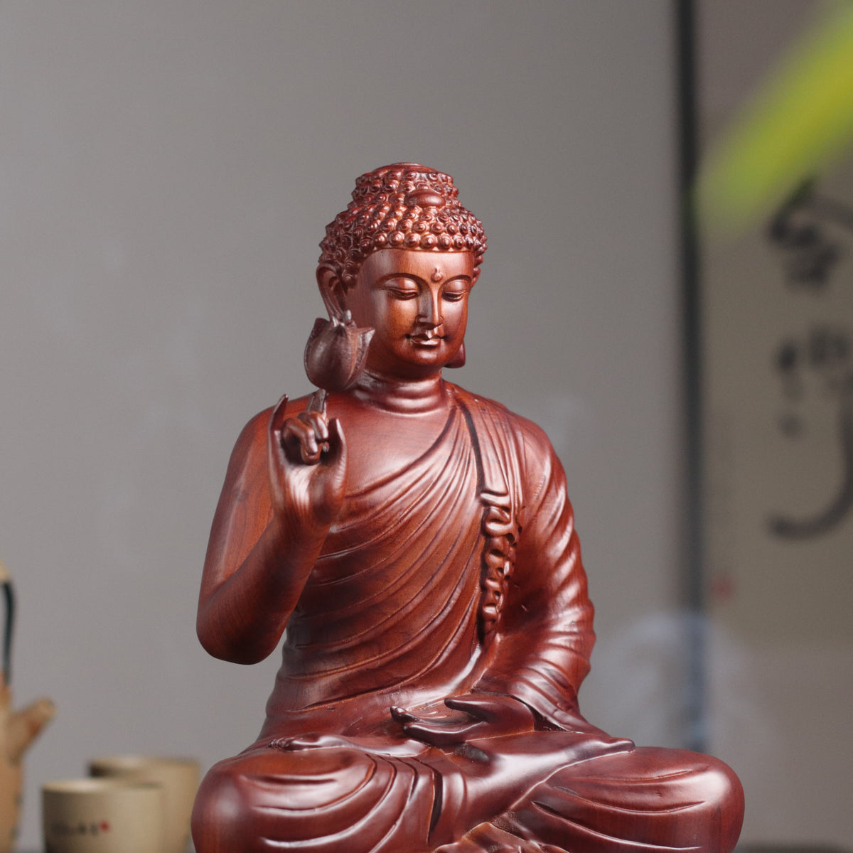 Wooden Shakyamuni Buddha Holding Lotus Statue — Solid Padauk Sanctuary