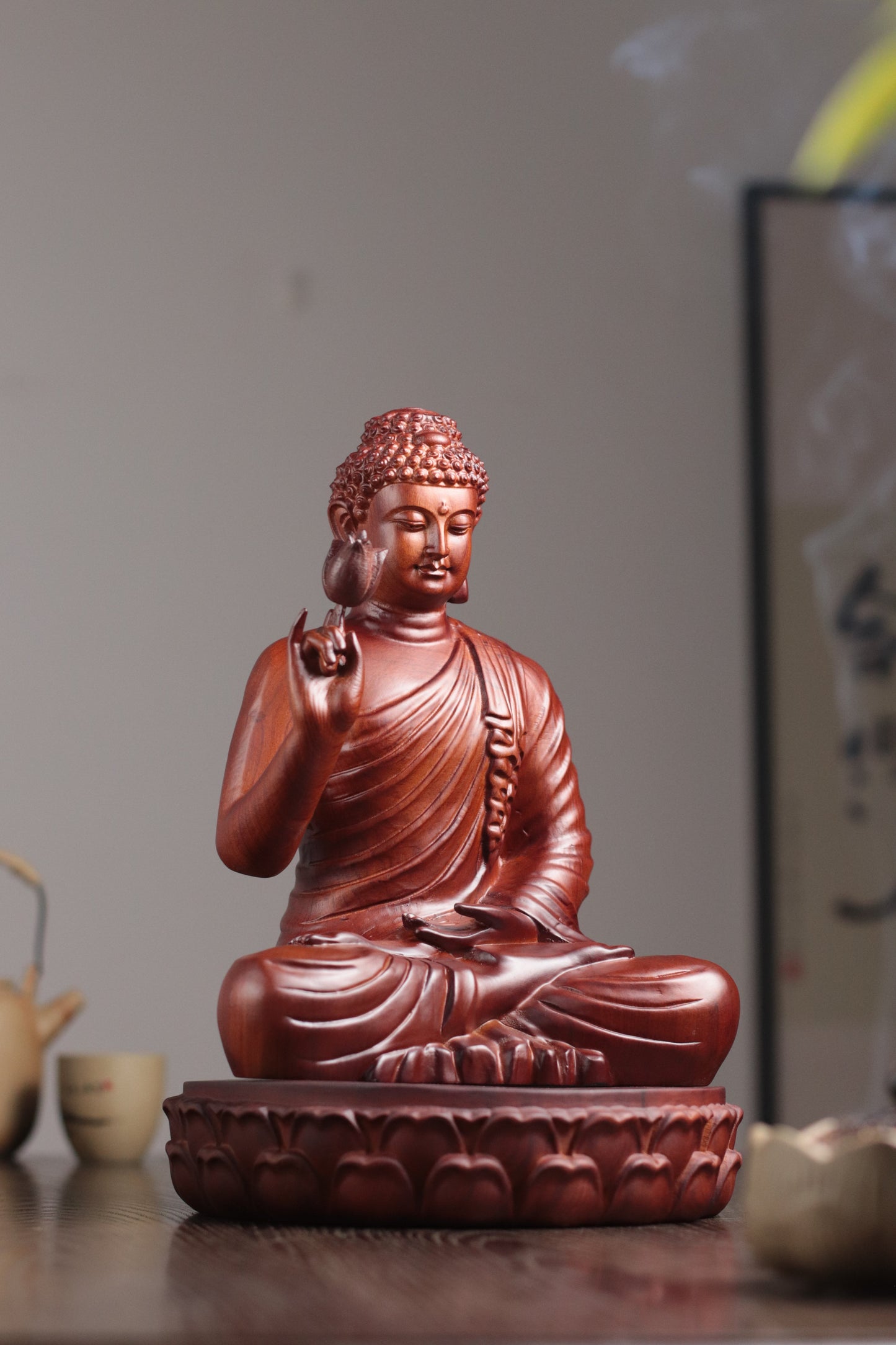 Wooden Shakyamuni Buddha Holding Lotus Statue — Solid Padauk Sanctuary