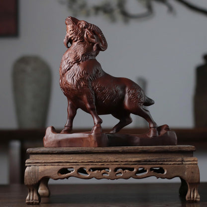 Hand Carved Goat on Rock Statue, Padauk Wood Year of the Goat Sculpture, Chinese Zodiac Feng Shui Decor, Lunar New Year 2027 Gift