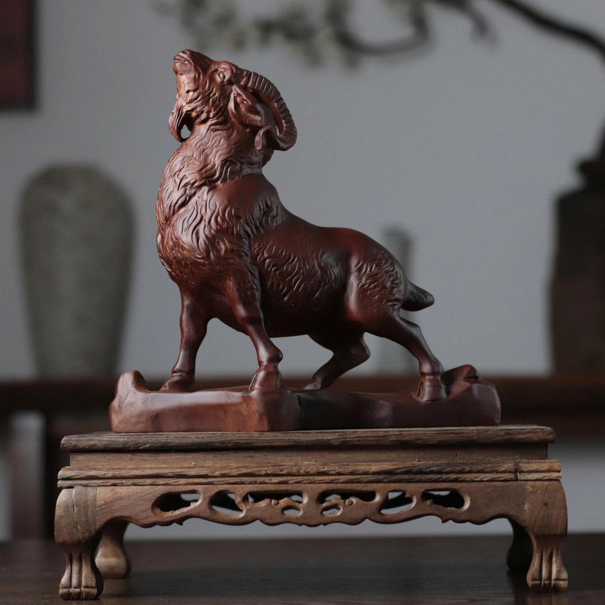 Hand Carved Goat on Rock Statue, Padauk Wood Year of the Goat Sculpture, Chinese Zodiac Feng Shui Decor, Lunar New Year 2027 Gift