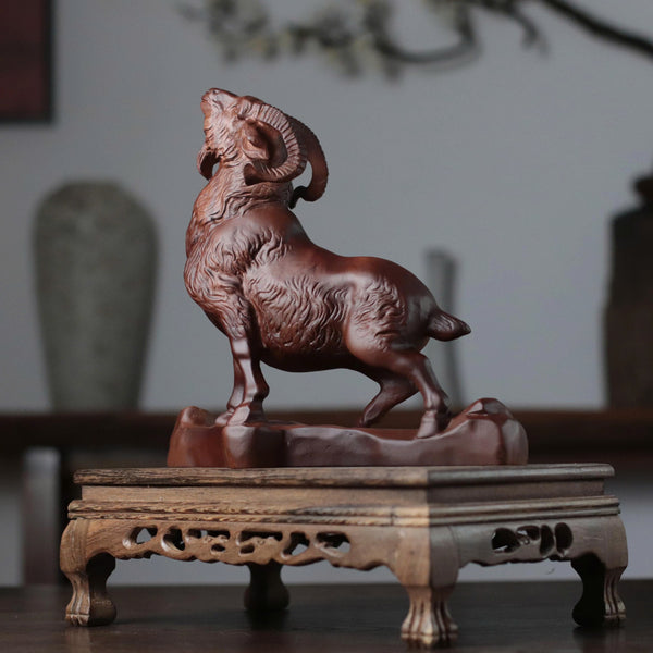 Hand Carved Goat on Rock Statue, Padauk Wood Year of the Goat Sculpture, Chinese Zodiac Feng Shui Decor, Lunar New Year 2027 Gift