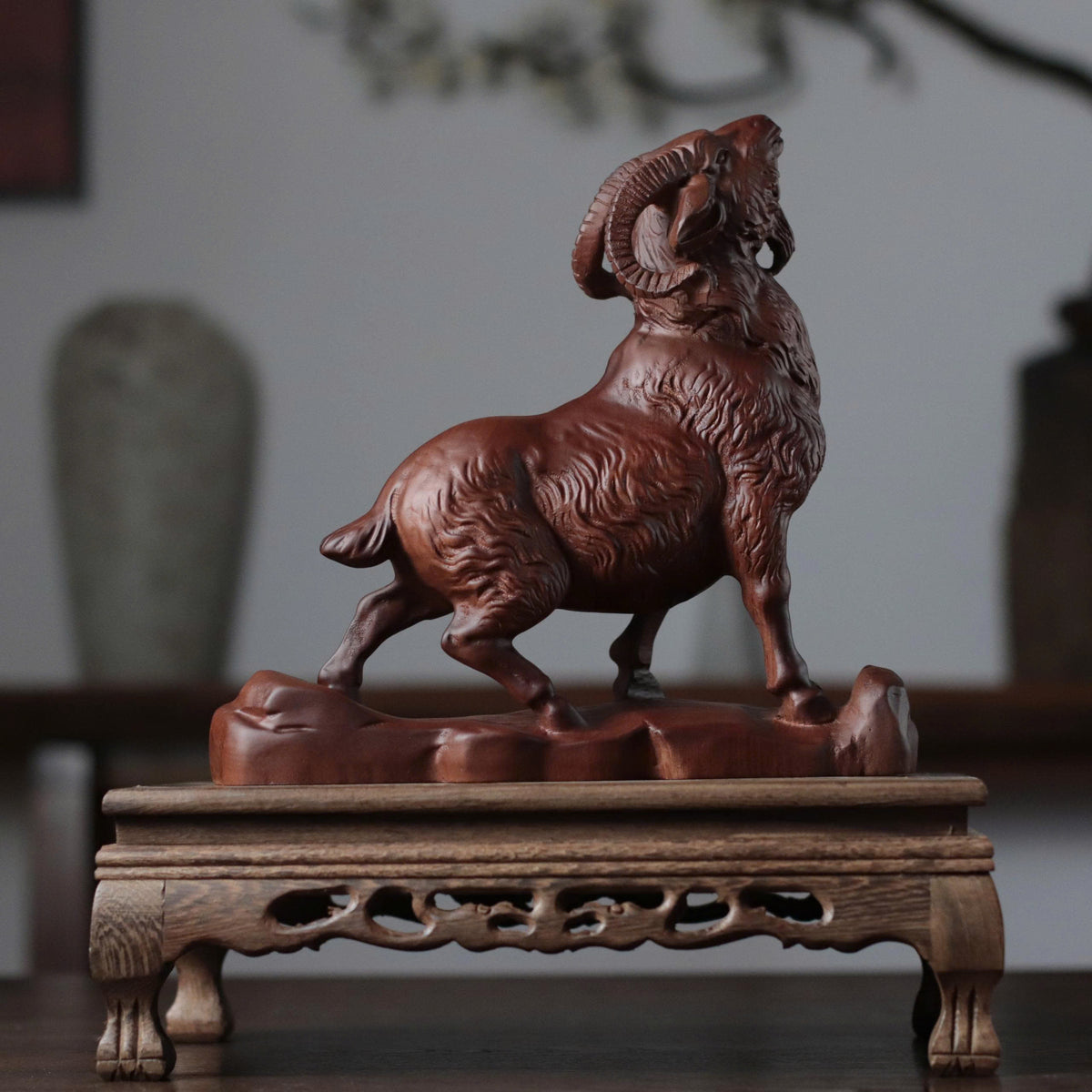 Hand Carved Goat on Rock Statue, Padauk Wood Year of the Goat Sculpture, Chinese Zodiac Feng Shui Decor, Lunar New Year 2027 Gift