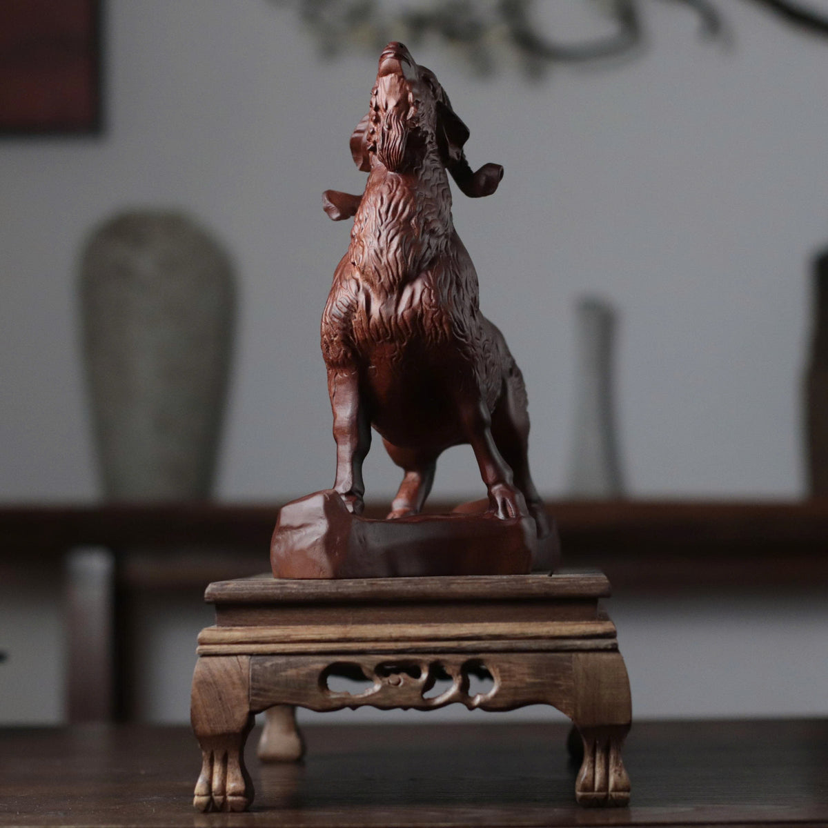 Hand Carved Goat on Rock Statue, Padauk Wood Year of the Goat Sculpture, Chinese Zodiac Feng Shui Decor, Lunar New Year 2027 Gift
