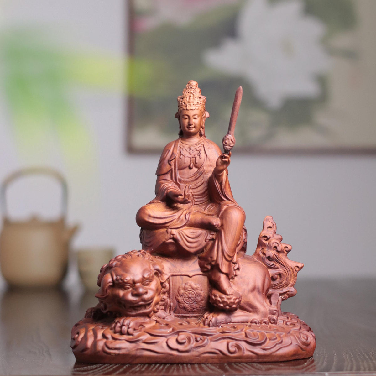 Manjushri Bodhisattva Statue - Padauk, on Lion – additional view 3