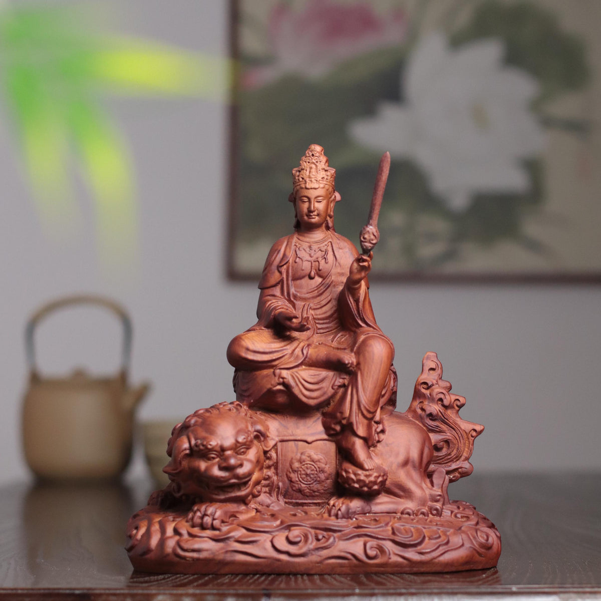 Manjushri Bodhisattva Statue - Padauk, on Lion – additional view 2
