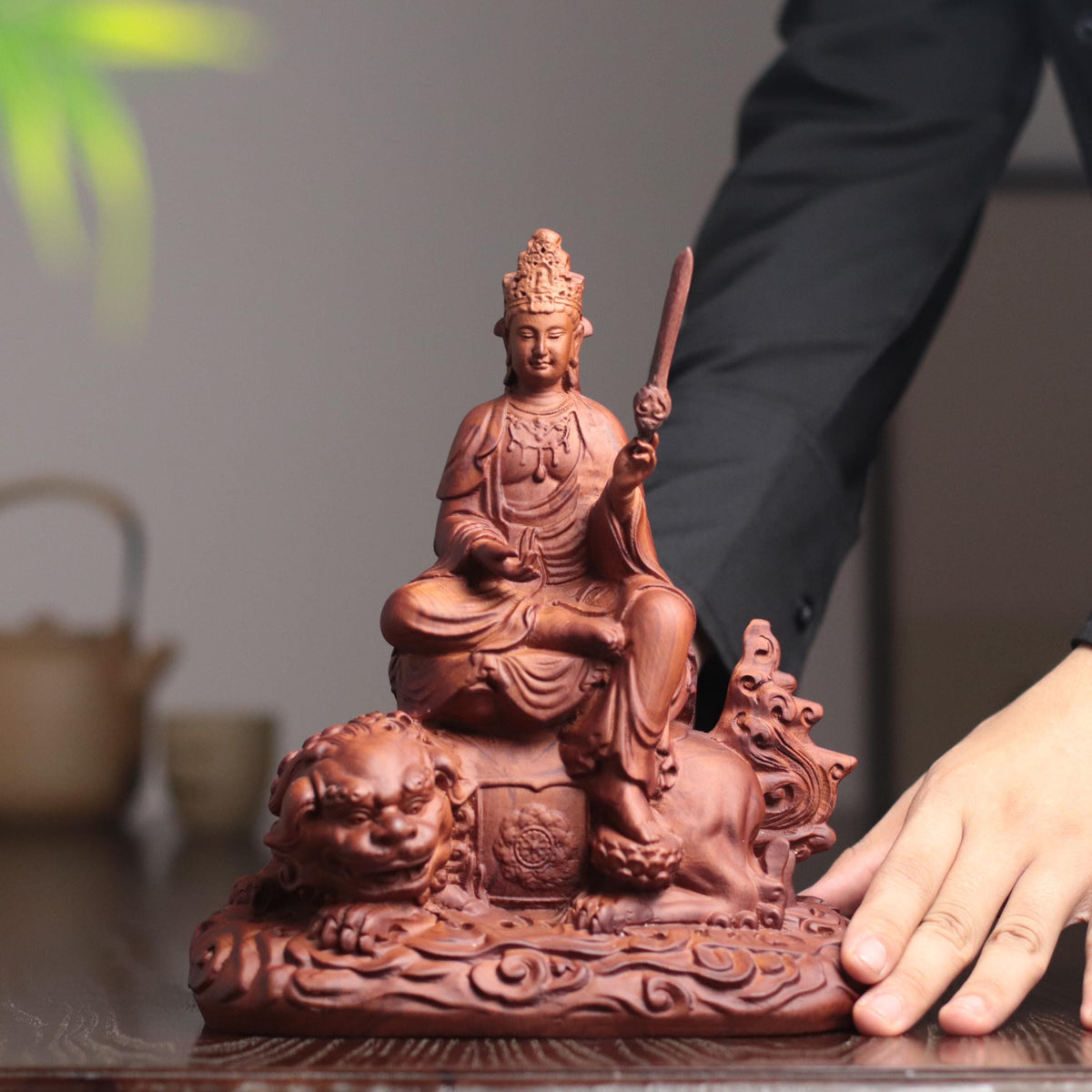 Manjushri Bodhisattva Statue - Padauk, on Lion – additional view 5