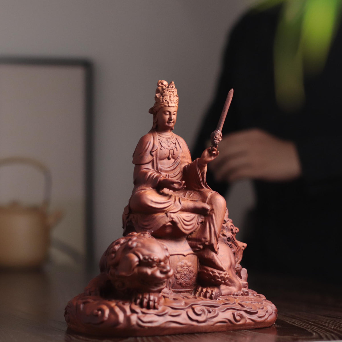 Manjushri Bodhisattva Statue - Padauk, on Lion – additional view 8
