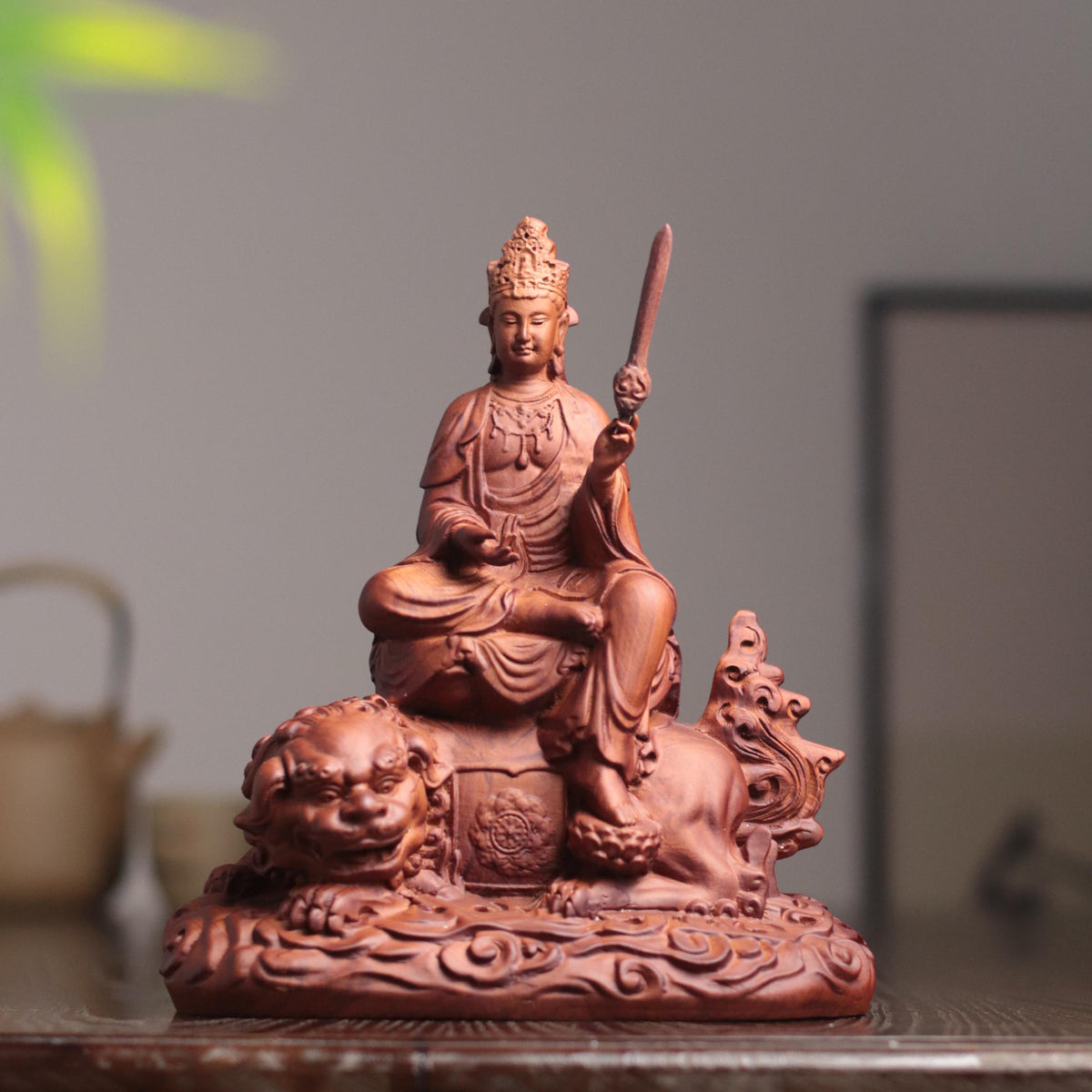 Manjushri Bodhisattva Statue - Padauk, on Lion