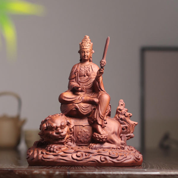 Manjushri Bodhisattva Statue - Padauk, on Lion