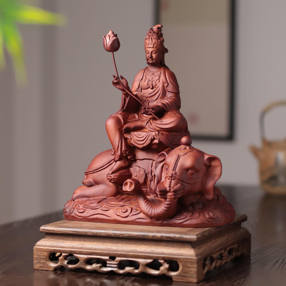 Samantabhadra Bodhisattva Statue - Padauk, on Elephant – additional view 7