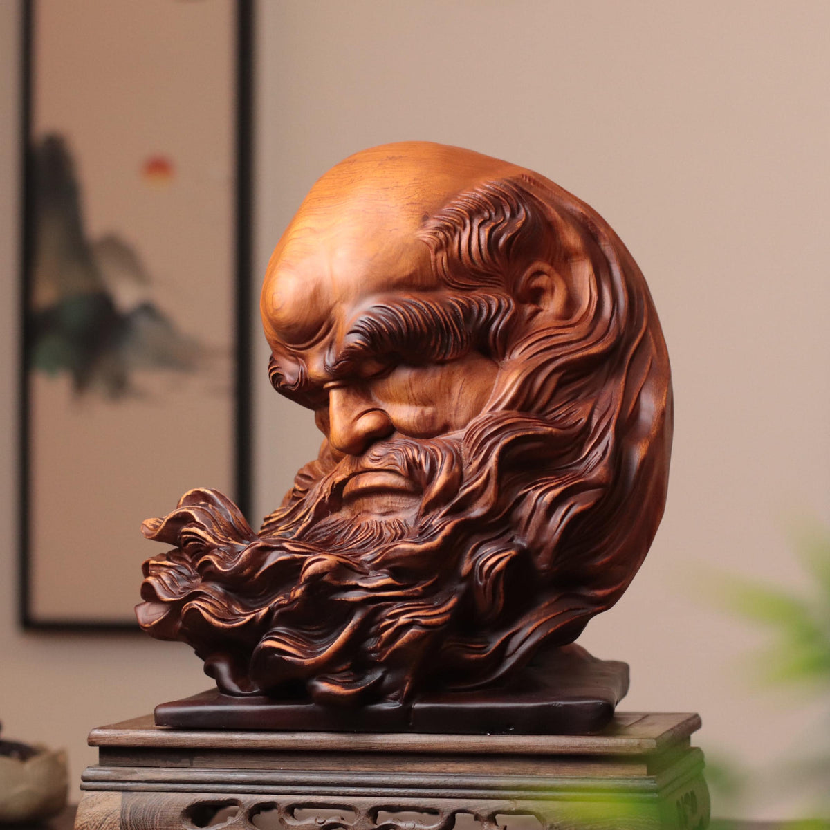 Bodhidharma Head Sculpture - Padauk Wood, 30cm