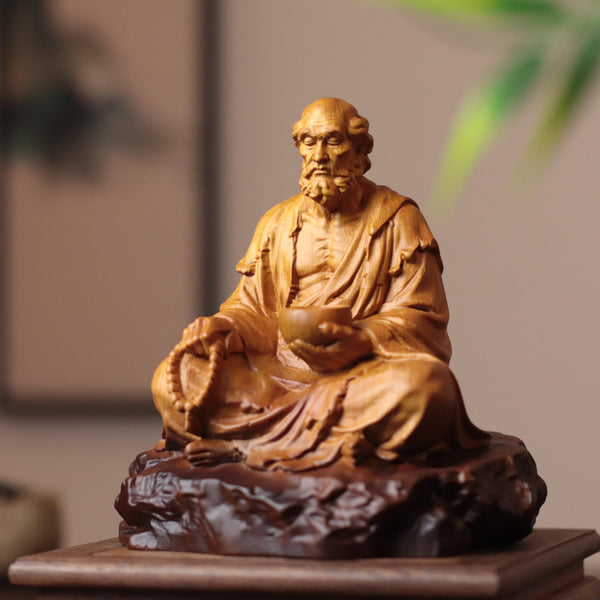 Bodhidharma Statue - Cypress Wood, Alms Bowl & Mala
