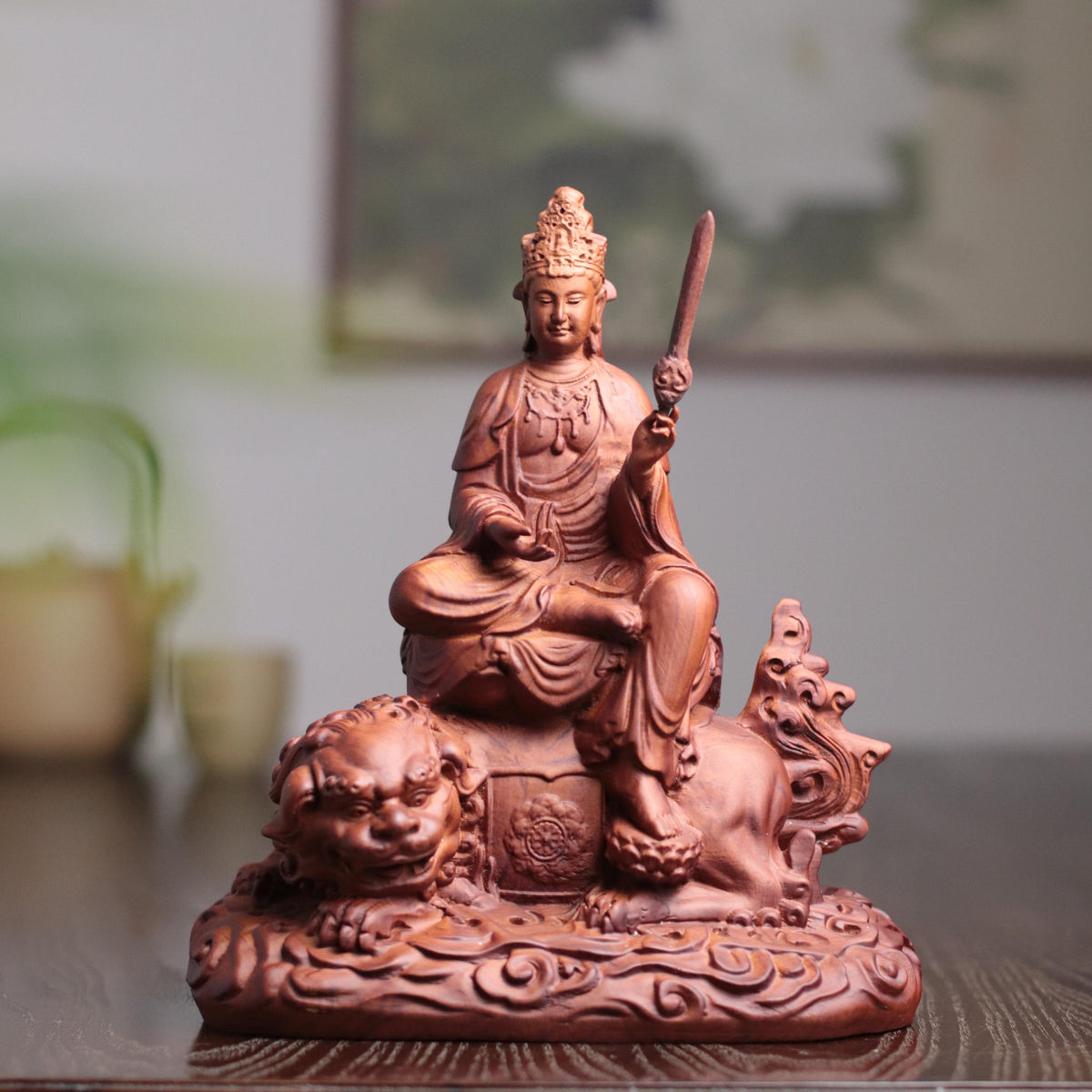 Manjushri Bodhisattva Statue - Padauk, on Lion – additional view 4