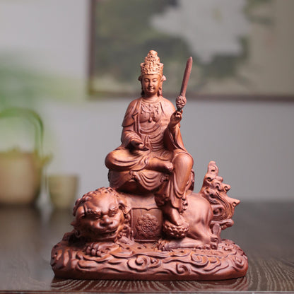 Manjushri Bodhisattva Statue - Padauk, on Lion – additional view 4