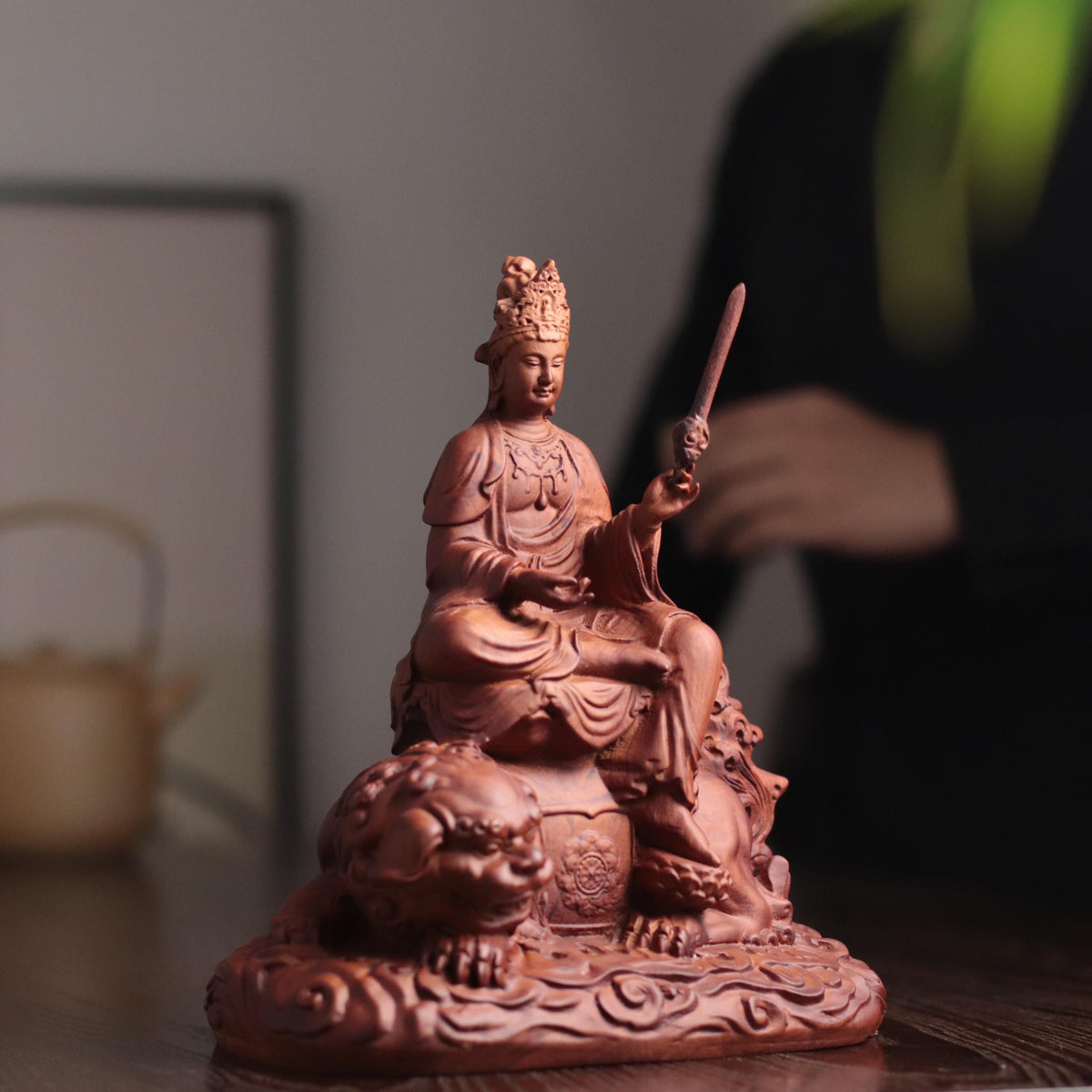 Manjushri Bodhisattva Statue - Padauk, on Lion – additional view 7