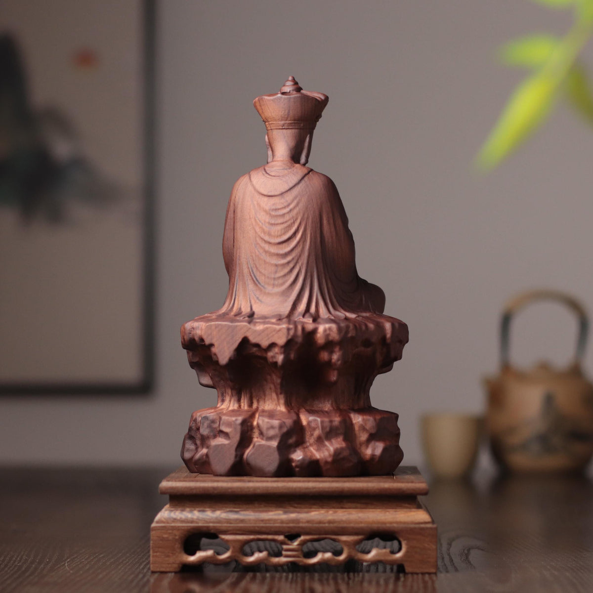 Seated Ksitigarbha Statue - Padauk, on Natural Rock – additional view 6