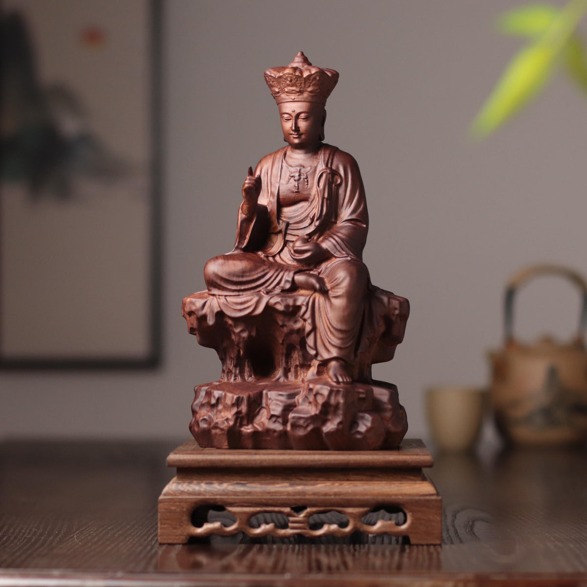 Seated Ksitigarbha Statue - Padauk, on Natural Rock – additional view 3