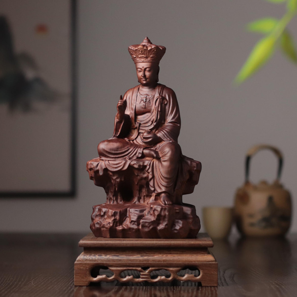 Seated Ksitigarbha Statue - Padauk, on Natural Rock – additional view 5