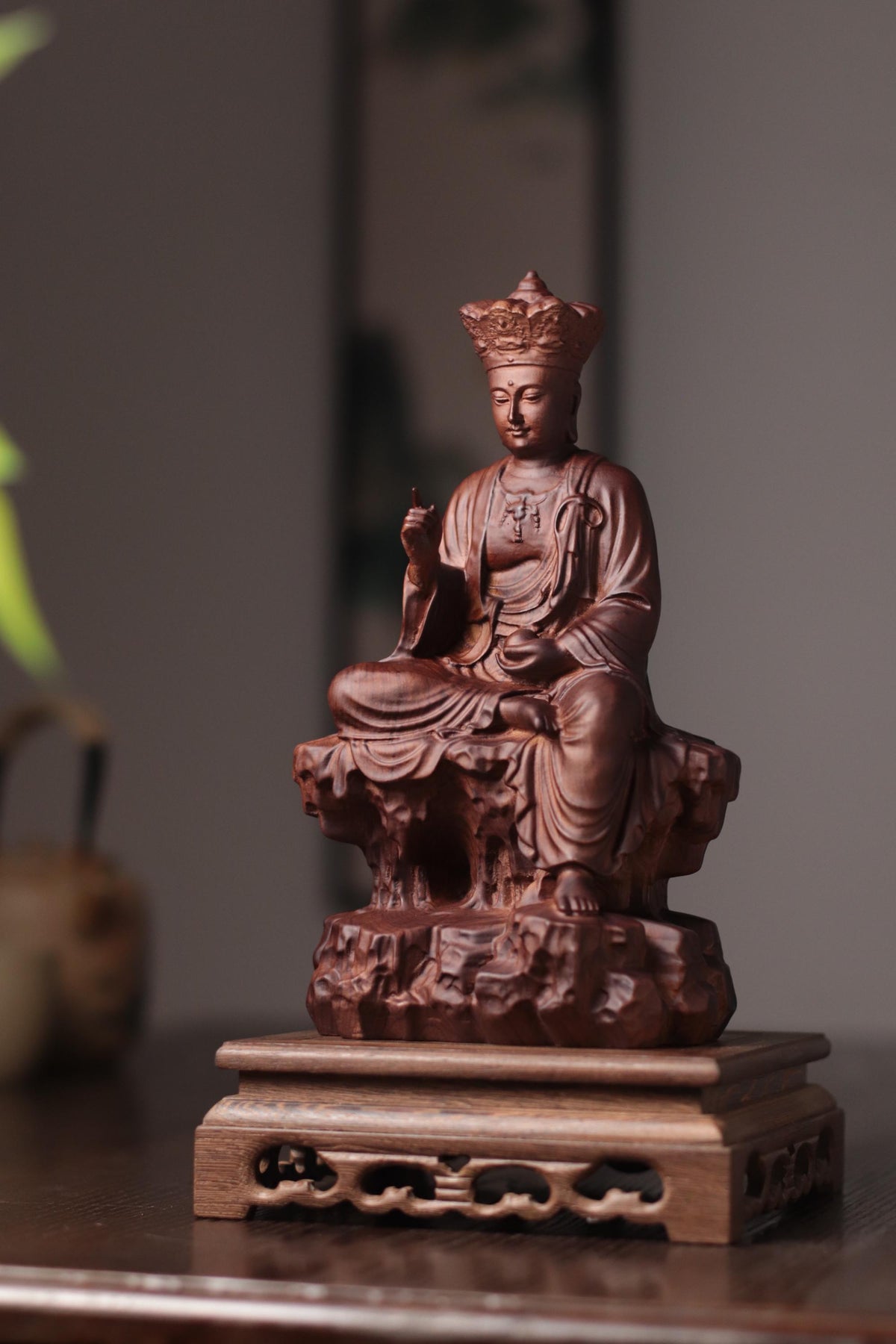 Seated Ksitigarbha Statue - Padauk, on Natural Rock – additional view 2