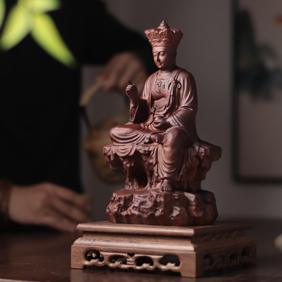 Seated Ksitigarbha Statue - Padauk, on Natural Rock – additional view 7
