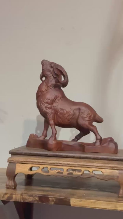 Hand Carved Goat on Rock Statue, Padauk Wood Year of the Goat Sculpture, Chinese Zodiac Feng Shui Decor, Lunar New Year 2027 Gift