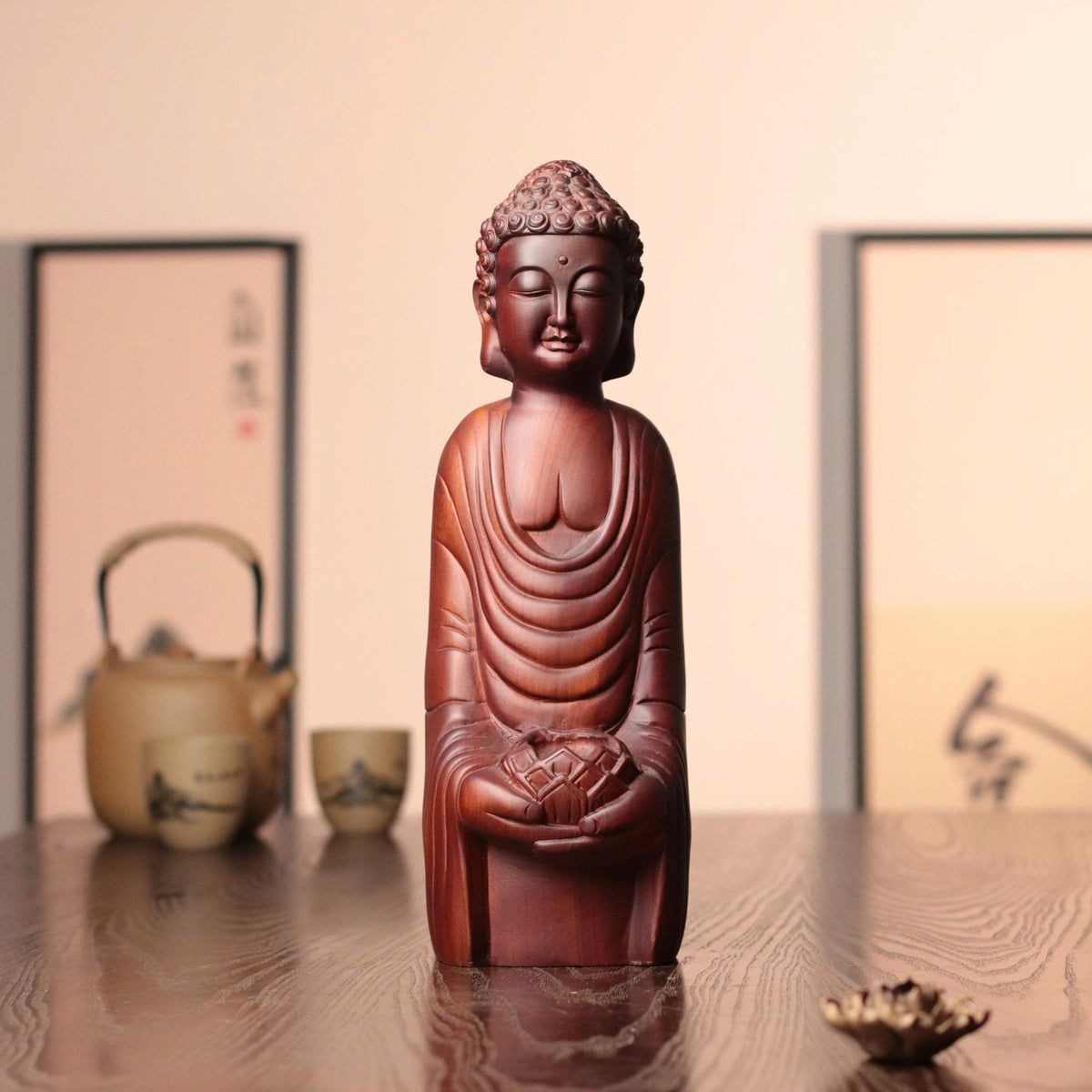 Abstract Shakyamuni Buddha Statue, Wooden Padmasana Buddha